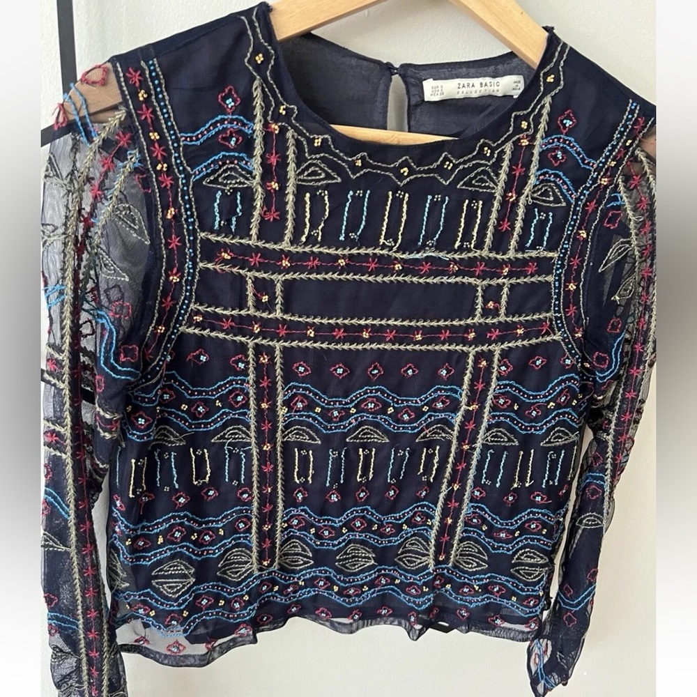 Zara Basics Women Beaded Embroidery Long Sleeve Blue Top Small Boho